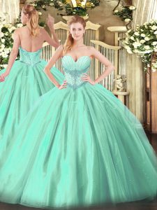 Floor Length Lace Up 15 Quinceanera Dress Turquoise for Military Ball and Sweet 16 and Quinceanera with Beading