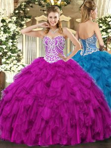 Custom Made Fuchsia Ball Gowns Beading and Ruffles Sweet 16 Dresses Lace Up Tulle Sleeveless Floor Length