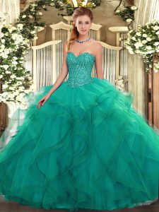 Romantic Turquoise Tulle Lace Up Quince Ball Gowns Sleeveless Floor Length Beading and Ruffles