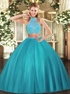 Glorious Floor Length Aqua Blue Quince Ball Gowns Halter Top Sleeveless Criss Cross