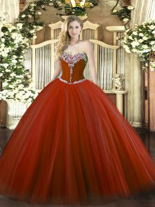 Floor Length Lace Up Vestidos de Quinceanera Rust Red for Military Ball and Sweet 16 and Quinceanera with Beading