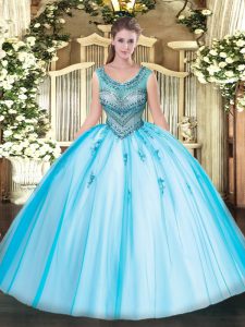 Sleeveless Floor Length Beading and Appliques Lace Up Quince Ball Gowns with Baby Blue