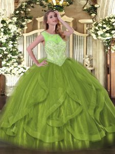 Floor Length Olive Green Sweet 16 Dress Tulle Sleeveless Beading and Ruffles