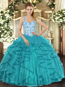 Beading and Ruffles Quinceanera Gowns Teal Lace Up Sleeveless Floor Length