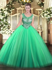 Fine Scoop Sleeveless Lace Up 15 Quinceanera Dress Turquoise Tulle