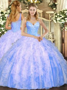 Sweet Light Blue V-neck Neckline Beading and Ruffles 15th Birthday Dress Sleeveless Lace Up