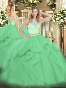 Low Price Apple Green Scoop Neckline Lace and Ruffles 15th Birthday Dress Sleeveless Zipper