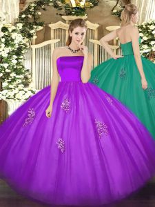 Modest Floor Length Eggplant Purple 15 Quinceanera Dress Tulle Sleeveless Appliques