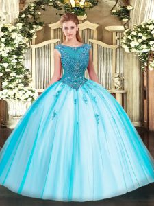 Stunning Aqua Blue Scoop Neckline Beading and Appliques Vestidos de Quinceanera Cap Sleeves Zipper