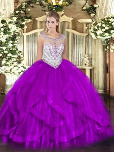 Eggplant Purple Ball Gowns Tulle Scoop Sleeveless Beading and Ruffles Floor Length Zipper Ball Gown Prom Dress