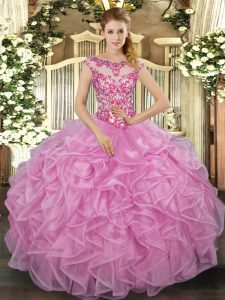 Superior Lilac Cap Sleeves Beading and Appliques and Ruffles Floor Length Quince Ball Gowns