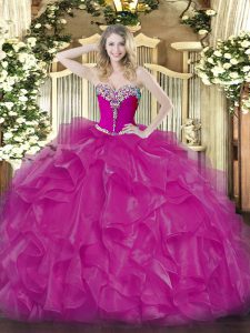 Fuchsia Sleeveless Organza Lace Up Quince Ball Gowns for Military Ball and Sweet 16 and Quinceanera