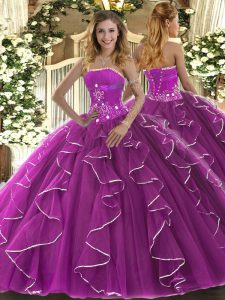 Pretty Fuchsia Strapless Lace Up Beading and Ruffles Sweet 16 Dress Sleeveless