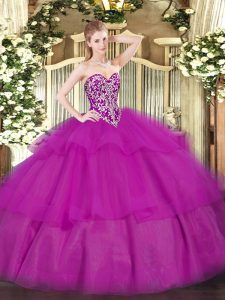 Attractive Fuchsia Lace Up Sweetheart Beading and Ruffled Layers Sweet 16 Dress Tulle Sleeveless