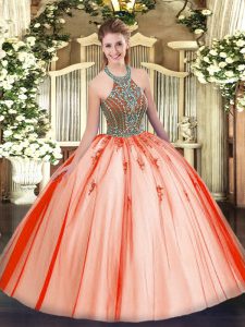 Tulle Halter Top Sleeveless Lace Up Beading 15th Birthday Dress in Coral Red