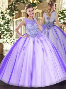 Lavender Scoop Neckline Beading and Appliques 15th Birthday Dress Sleeveless Zipper