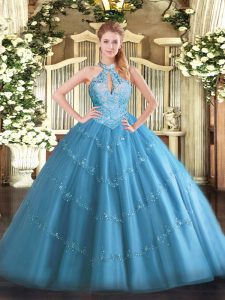 Fitting Floor Length Baby Blue Quinceanera Dress Tulle Sleeveless Beading