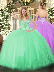 Dynamic Apple Green V-neck Neckline Beading Sweet 16 Dresses Sleeveless Lace Up