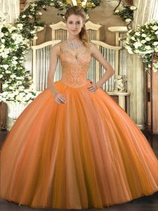 Simple Ball Gowns Ball Gown Prom Dress Orange Red V-neck Tulle Sleeveless Floor Length Lace Up