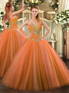 Low Price Orange Red Tulle Lace Up Quinceanera Gown Sleeveless Floor Length Beading