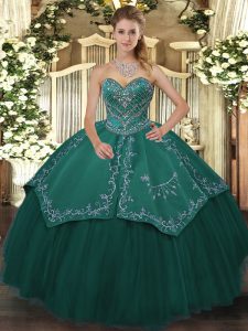 Gorgeous Sweetheart Sleeveless 15th Birthday Dress Floor Length Beading Teal Taffeta and Tulle