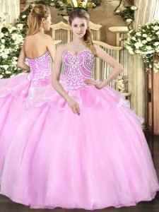 On Sale Pink Ball Gowns Sweetheart Sleeveless Organza Floor Length Lace Up Beading 15th Birthday Dress