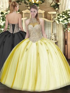 Beading and Appliques Quinceanera Dresses Yellow Lace Up Sleeveless Floor Length