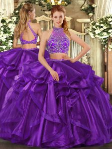 Eggplant Purple Halter Top Criss Cross Beading and Ruffled Layers Sweet 16 Quinceanera Dress Sleeveless