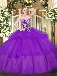 Affordable Purple Ball Gowns Sweetheart Sleeveless Tulle Floor Length Lace Up Beading and Ruffled Layers Quinceanera Gown