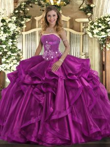 Decent Fuchsia Lace Up 15 Quinceanera Dress Beading and Ruffles Sleeveless Floor Length