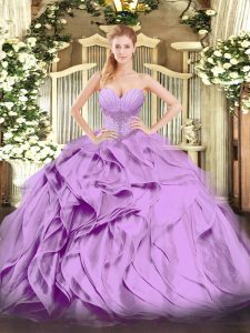 Glamorous Sweetheart Sleeveless 15th Birthday Dress Floor Length Beading and Ruffles Lavender Organza