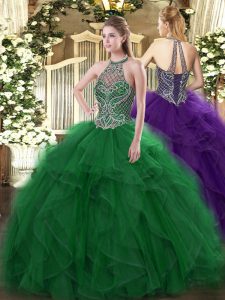 Clearance Green Halter Top Lace Up Beading and Ruffles Vestidos de Quinceanera Sleeveless