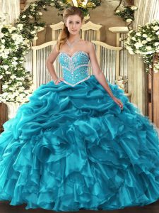 Exceptional Teal Sleeveless Floor Length Beading and Ruffles and Pick Ups Lace Up Sweet 16 Quinceanera Dress
