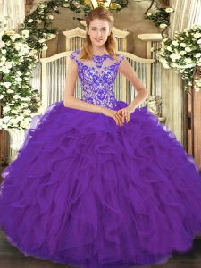 Beading and Ruffles Quinceanera Gowns Eggplant Purple Lace Up Cap Sleeves Floor Length