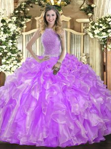 Vintage Floor Length Lace Up Sweet 16 Dress Lavender for Military Ball and Sweet 16 and Quinceanera with Beading and Ruffles