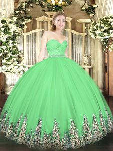 Green Zipper Sweetheart Beading and Lace and Appliques Ball Gown Prom Dress Tulle Sleeveless