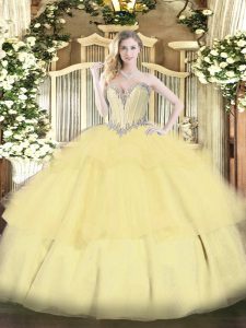 Gold 15 Quinceanera Dress Military Ball and Sweet 16 and Quinceanera with Beading and Ruffled Layers Sweetheart Sleeveless Lace Up