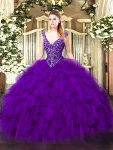 Graceful Floor Length Purple 15 Quinceanera Dress Organza Sleeveless Beading and Ruffles