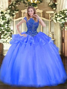 On Sale Blue Cap Sleeves Beading Floor Length Quinceanera Dress