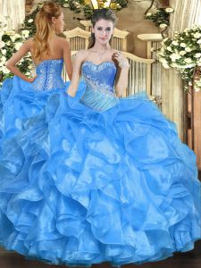 Glorious Baby Blue Organza Lace Up Sweetheart Sleeveless Floor Length Sweet 16 Quinceanera Dress Beading and Ruffles