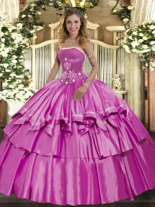 Delicate Lilac Sleeveless Floor Length Beading and Ruffled Layers Lace Up Quince Ball Gowns