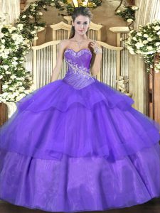 New Style Lavender Ball Gown Prom Dress Military Ball and Sweet 16 and Quinceanera with Beading and Ruffled Layers Sweetheart Sleeveless Lace Up