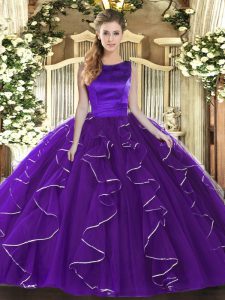 Glorious Purple Ball Gowns Tulle Scoop Sleeveless Ruffles Floor Length Lace Up Quinceanera Dress