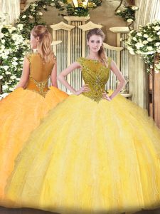 Gold Tulle Zipper Sweet 16 Quinceanera Dress Sleeveless Floor Length Beading and Ruffles