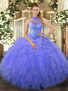 Hot Selling Floor Length Blue Sweet 16 Dress Organza Sleeveless Beading and Embroidery and Ruffles