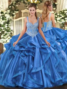 Blue Organza Lace Up Straps Sleeveless Floor Length 15th Birthday Dress Beading and Ruffles