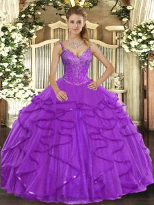 Beading and Ruffles Quinceanera Gowns Eggplant Purple Lace Up Sleeveless Floor Length