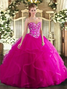 Floor Length Fuchsia Quinceanera Gown Sweetheart Sleeveless Lace Up