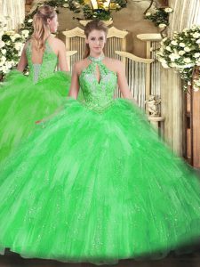 Custom Fit Ball Gowns Beading and Ruffles Quinceanera Dresses Lace Up Organza Sleeveless Floor Length