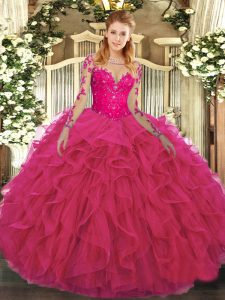 High End Tulle Long Sleeves Floor Length Sweet 16 Quinceanera Dress and Lace and Ruffles